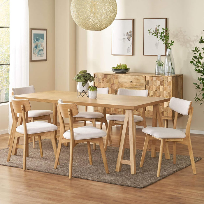 Abraham Mid-Century Modern 7 Piece Dining Set with A-Frame Table, Light Beige + Natural Oak