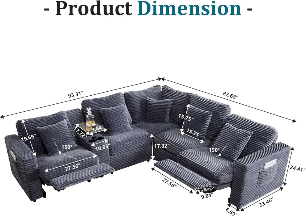 Oversized Modular Sectional Sofa with 2 Power Reclining, Electric Recliner Couch with Storage Console and Adjustable Headrest, Plush Corduroy Fluffy 5 Seat Corner Sofa for Living Room-Blue Grey