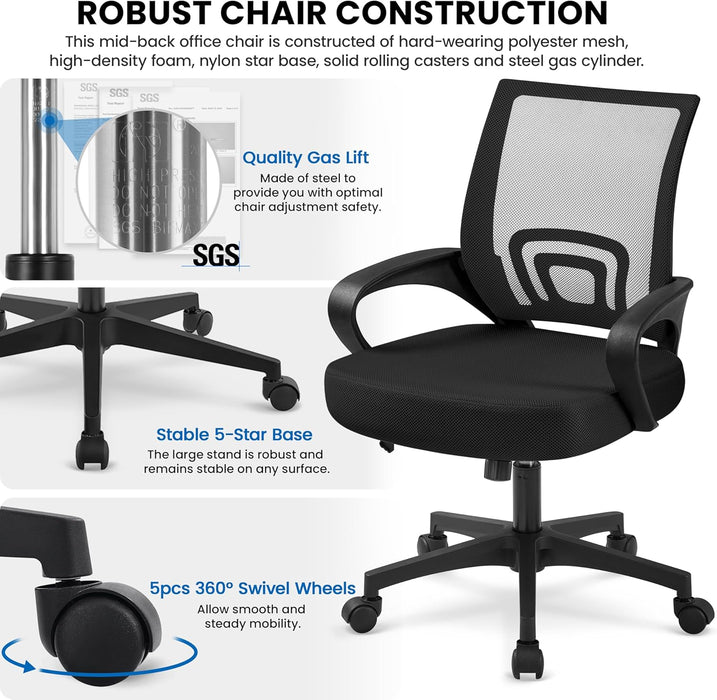 Office Chair Ergonomic Computer Chair Mid Back Adjustable Desk Chair with Lumbar Support Armrest, Swivel Rolling Mesh Task Gaming Chair for Home Office Work Study, Black