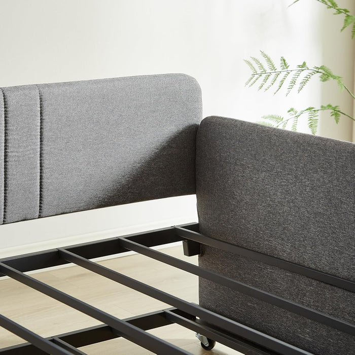 Twin Daybed with Trundle Bed Twin, Linen Upholstered Day Bed with Arm and Backrest, No Box Spring Needed Daybed, Twin Size Day Bed Gray