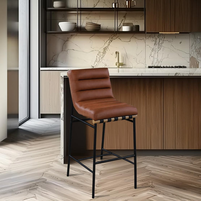 846Cognac-C Burke Collection Modern | Contemporary Bar Stool with Soft Cognac Vegan Leather, Matte Black Metal Frame, White Oak Veneer Metal Dowel, 18" W X 24" D X 40.5" H, Cognac