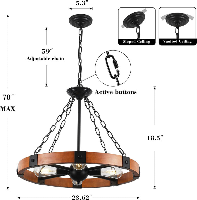 23.6 Inch Wood Wagon Wheel Chandelier 4-Light Farmhouse Chandelier
