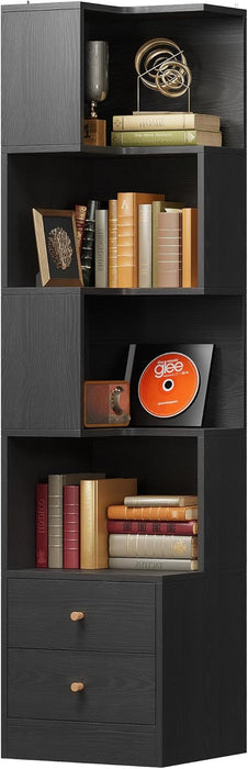 Corner Bookshelf, 70.87" Tall Corner Bookcase with Drawers, Corner Shelf Storage Display Rack for Living Room Home Office, Black