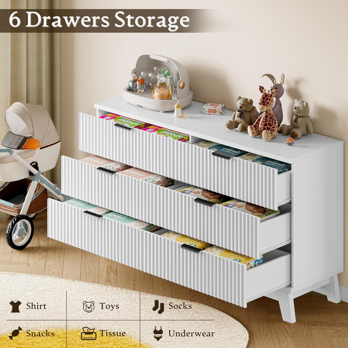 53" Long Dresser for Bedroom, 6-Drawer Dresser with Fluted Fronts, Wide Wood Chest of Drawers, Smooth Metal Slides, Stable Base, Modern Clothes Storage Cabinet for Living Room, Hallway