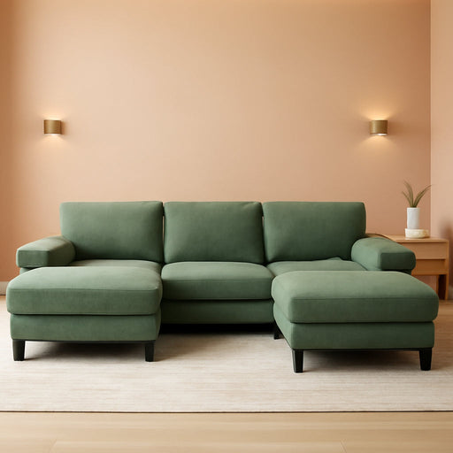 Sectional Couch, 111'' W Corduroy U Shaped Sofa with Sleepable Armrests, 4 Seat Couch with Double Chaises, Deep Sofa for Living Room, Army Green