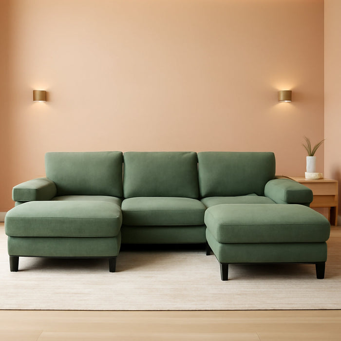 Sectional Couch, 111'' W Corduroy U Shaped Sofa with Sleepable Armrests, 4 Seat Couch with Double Chaises, Deep Sofa for Living Room, Army Green