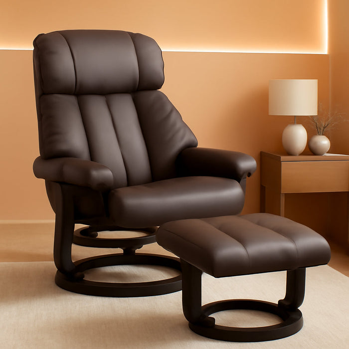 Massage Recliner Chair with Ottoman, 360° Swivel Recliner and Footstool, 10 Point Vibration, PU Leather Reclining Chair with Side Pocket and Remote Control, Brown