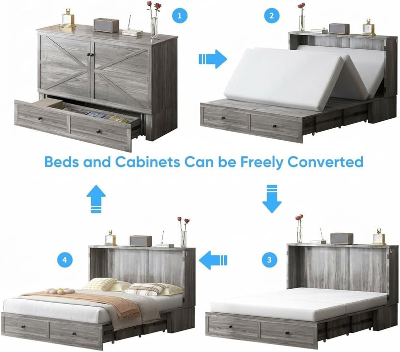 Gray Queen Murphy Cabinet BedFrame With StorageDrawers