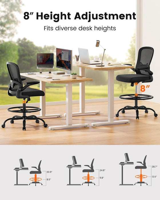 Drafting Chair with Footrest Ring and Flip-Up Arms for Tall Desks