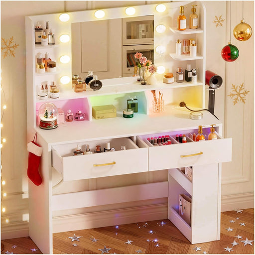 Vanity Desk with Lighted Mirror and Power Outlet, RGB LED Lights Makeup Vanity Set for Girls, Large Storage Capacity Dressing Table for Bedroom, 3 Lighting Modes Adjustable Brightness, White