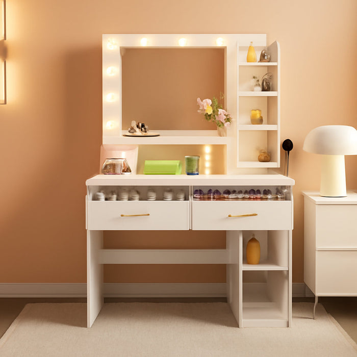 Vanity Desk with Lighted Mirror and Power Outlet, RGB LED Lights Makeup Vanity Set for Girls, Large Storage Capacity Dressing Table for Bedroom, 3 Lighting Modes Adjustable Brightness, White