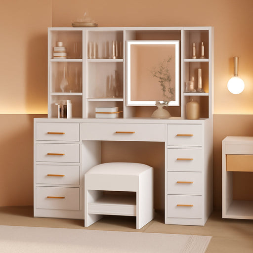 White Vanity Desk With Integrated Mirror Illumination