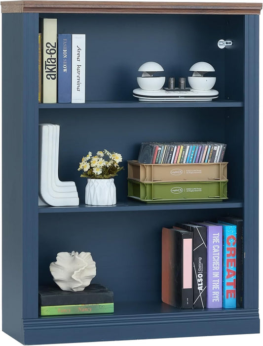 43" Blue Bookshelf, 3 Tier Farmhouse Small Wooden Book Shelf
