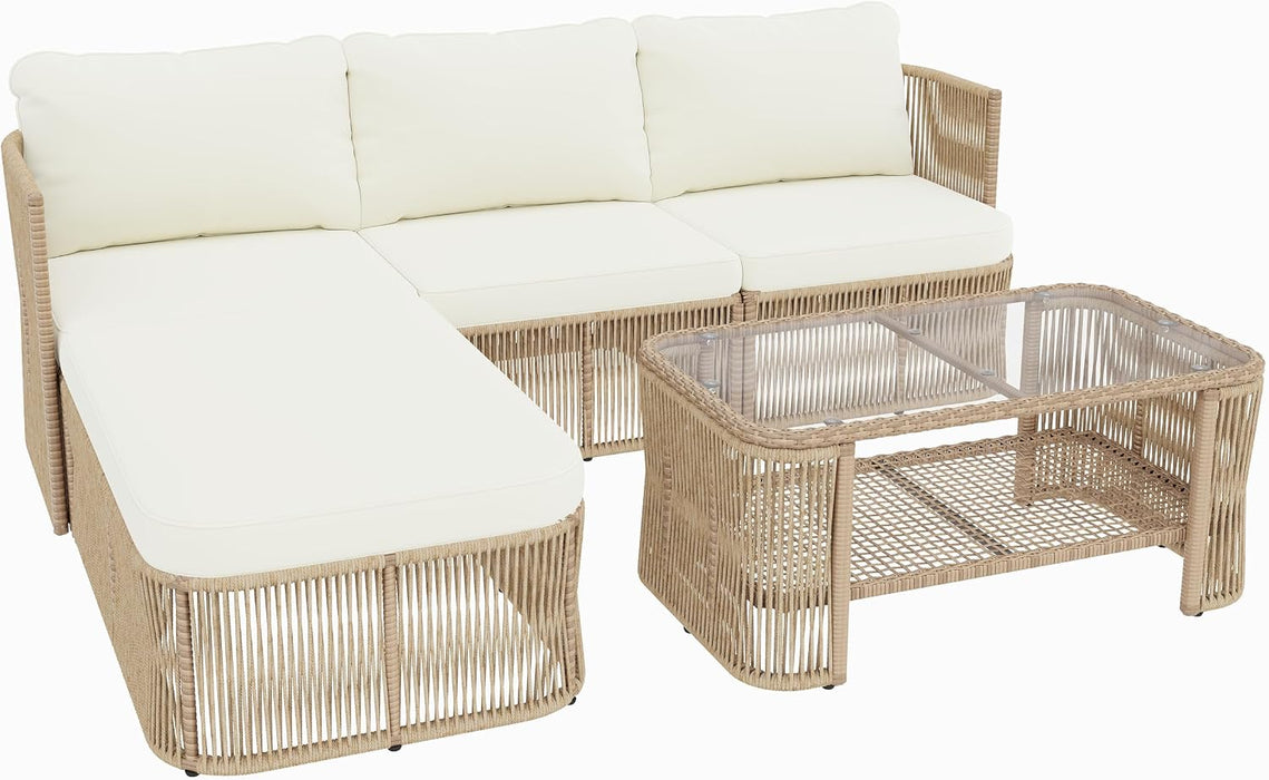Outdoor Patio Furniture Set, PE Rattan Wicker Conversation Sofa Set with Iron Frame Cushions and Glass Top Coffee Table, Modular Backyard Balcony Seating Set, Dark Beige