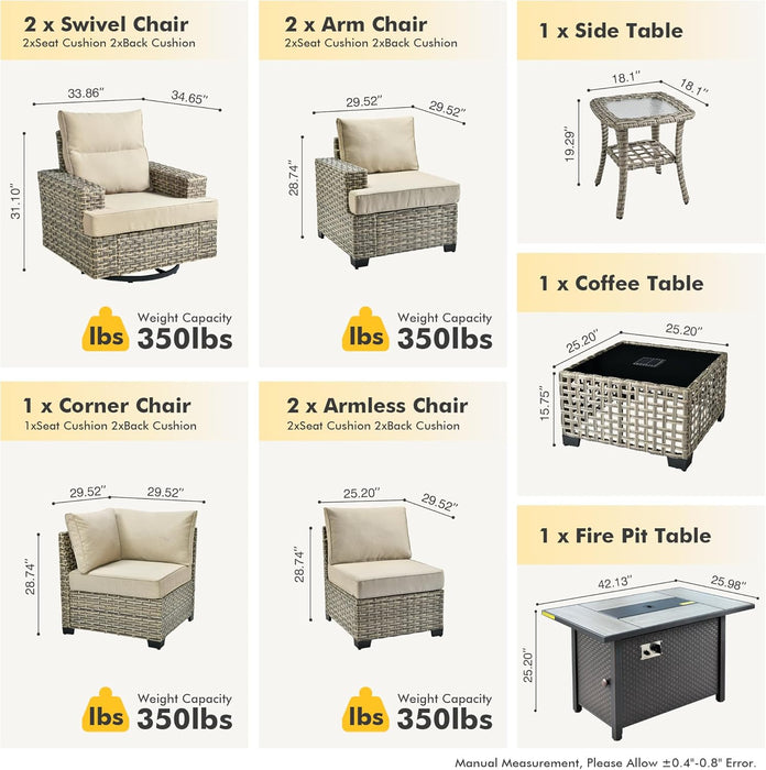 Outdoor Sectional Patio Furniture Set with Fire Pit Table,10 Pieces Wicker Conversation Sets L Shaped Couch,Extra Deep Out Door Sofa outside Furniture with Swivel Chairs,Beige