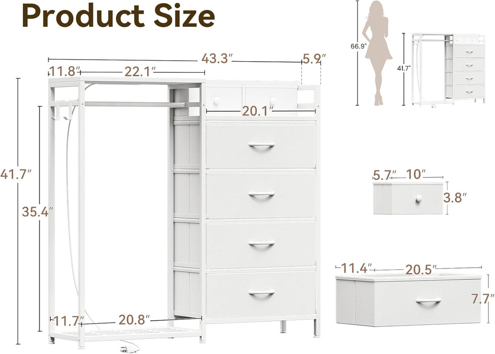 43" W White Dresser for Bedroom with Hanging Rack, Reversible 6 Drawers Dresser with Led Lights & Charging Station, Fabric Closet Dressers & Chest of Drawers with Clothes Rack for Girls, Kids