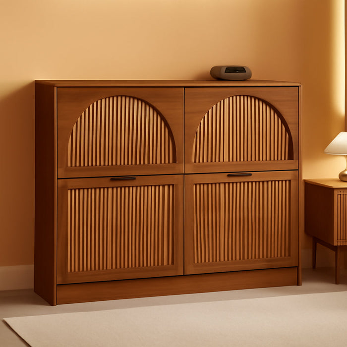 Fluted Shoe Storage Cabinet for Entryway with 4 Flip Drawers, Walnut