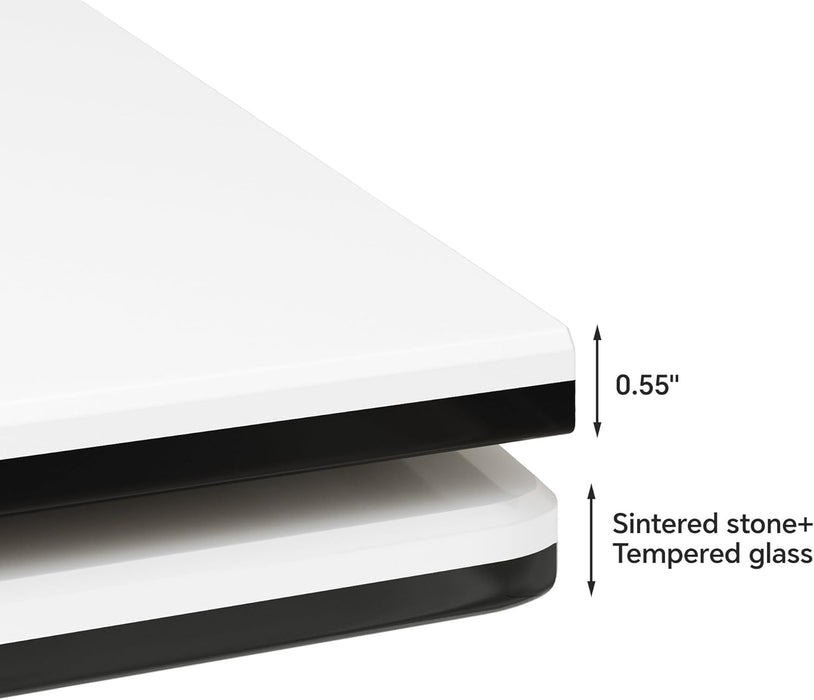 Extendable Dining Table for 8-12 Seat, Flexible Stretch, Tabletop Made from Rock Plate and Tempered Glass, Solid Carbon Steel Base, 35.4" D X 94.5" W X 30" H, White Top