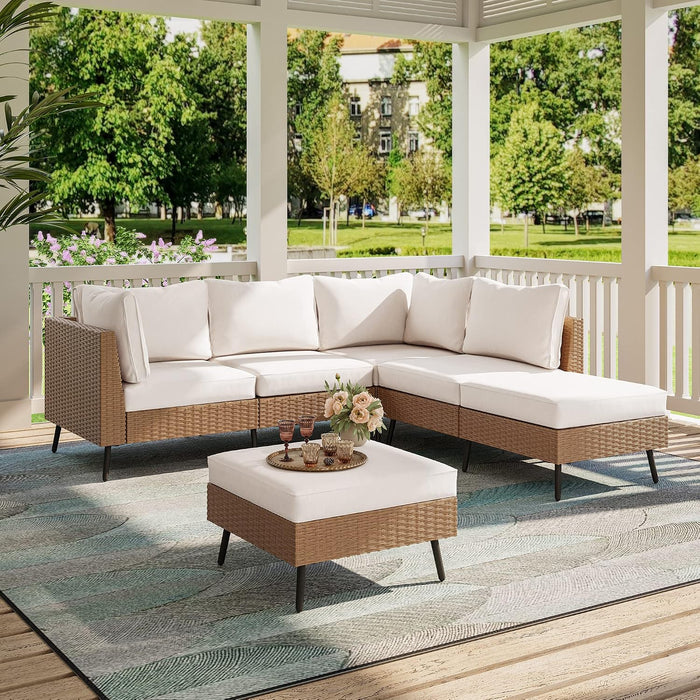 Outdoor Patio Furniture, 6 Piece Outdoor Sectional Sofa PE Rattan Wicker Patio Conversation Sets, All Weather Patio Furniture Set with Thick Cushions for Garden, Backyard(Beige)