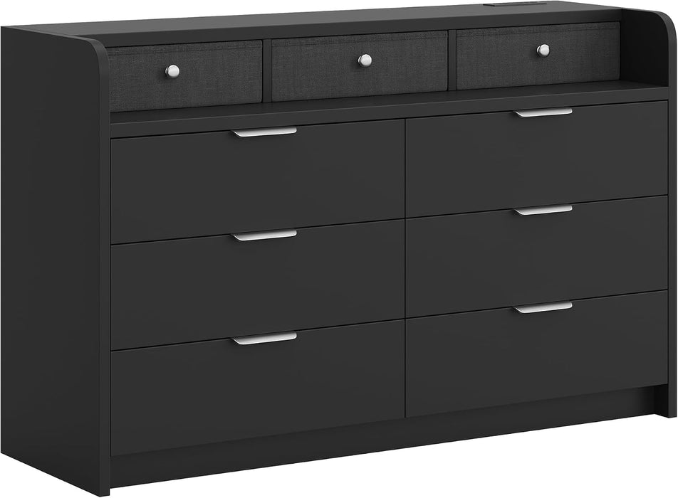 53'' Wide 9 Drawer Dresser for Bedroom, Wood TV Stand Dresser with Power Outlets & LED Light, Chest of Drawers Closet Store Organizer for Living Room, Hallway, Black