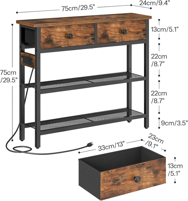 29.5" Narrow Console Table with Power Outlet, Small Entryway Table with 2 Fabric Drawers, behind Couch Table Sofa, 3-Tier Storage Shelves, for Living Room, Hallway, Rustic Brown BF72UXG01