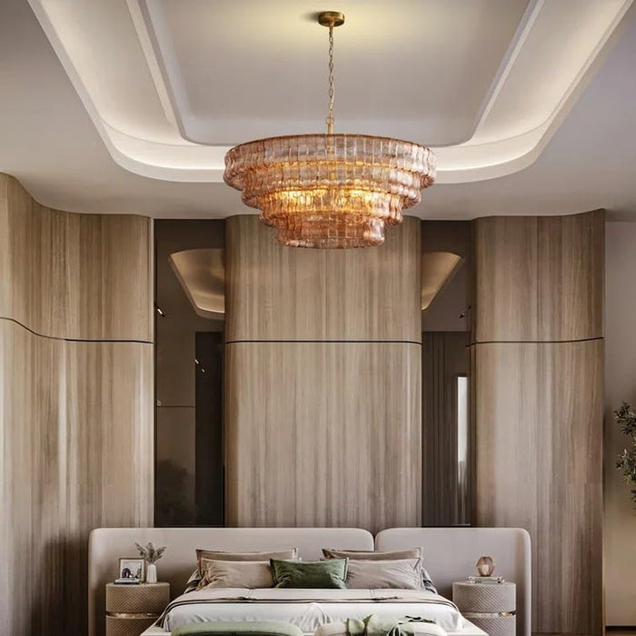 36" Smoked Gold round Drum Chandelier, 6-Light Modern Hanging Light Fixture for Dining Room, Living Room, Bedroom, Foyer