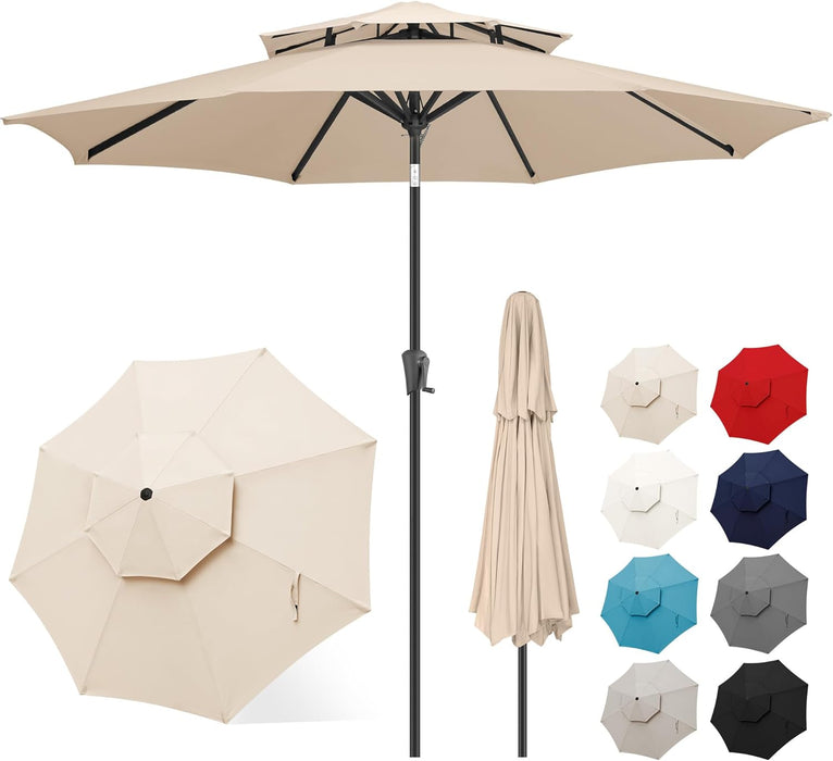 9Ft Patio Umbrella - 2 Tiers Outdoor Umbrella with Push Button Tilt and Crank for UV Protection, Table Market Umbrella for Garden, Deck, Backyard, Pool and Beach(Beige)