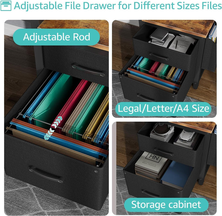 Computer Desk with Fabric File Drawers Cabinet, 57 Inch Home Office Desks with Filing Cabinet Printer Stand for Small Space, Study Writing Table PC Gaming Desks for Bedroom, Brown Black