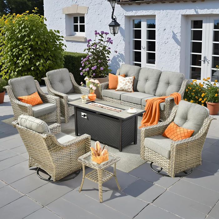 7 PCS Outdoor Patio Furniture Set with Fire Pit Table and Swivel Rocking Chairs,Patio Seating outside Sofa and Chair Set,All Weather Wicker Outdoor Conversation Sets for Yard Porch Deck,Dark Grey