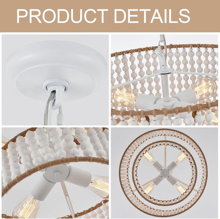 Dia 22 Inch Boho Wood Bead Chandelier Farmhouse, Bohemia Dining Room Light Fixture over Table, White Bead Pendant Chandelier for Bedroom Kitchen Hallway Entryway Nursery Living Room Foyer
