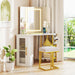 Corner Vanity Desk with Lighted Tri-Fold Mirror, Makeup Table with Charging Station, Fluted Door Cabinet, Storage Shelves, Space Saving Dressing Table with Stool for Bedroom, White & Gold