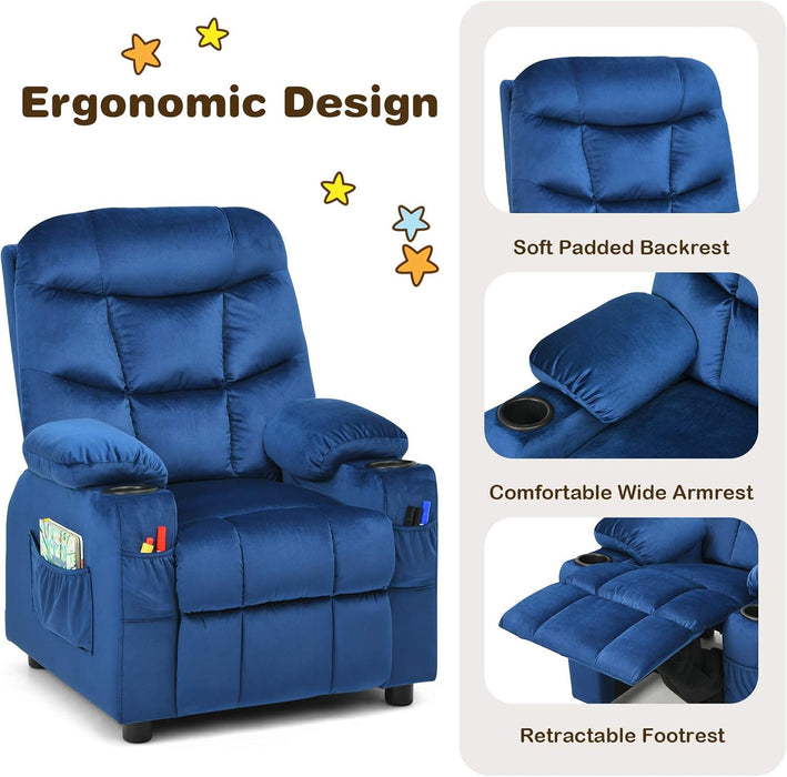 Kids Recliner Chair with Cup Holder, Adjustable Velvet Lounge Chair W/Footrest & Side Pockets for Children Boys Girls Room, Ergonomic Toddler Furniture Sofa Gifts, Kids Recliner (Blue)