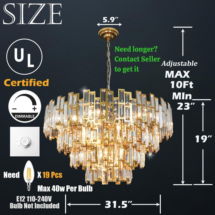 Modern Gold Crystal Chandelier 19-Light Foyer Dining Room Fixture