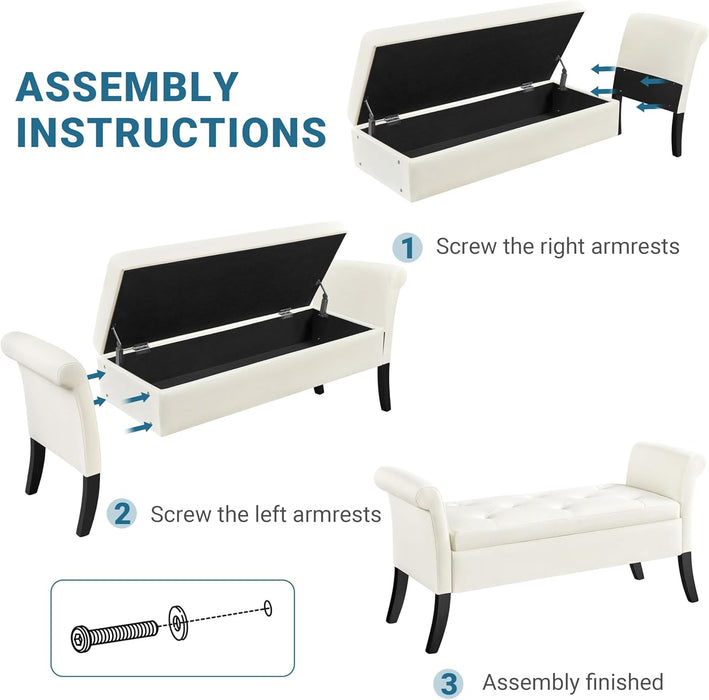 Ottoman with Storage, 52" Storage Ottoman Bench with Safety Hinge, Upholstered Bench with Seating for Bedroom, Living Room, Holds up to 661 Lb, Fresh White