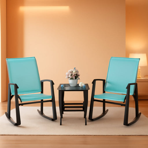 3 Piece Rocking Bistro Set, Outdoor Furniture with Rocker Chairs and Glass Coffee Table Set of 3, Balcony, Porch Furniture for Small Space, Blue