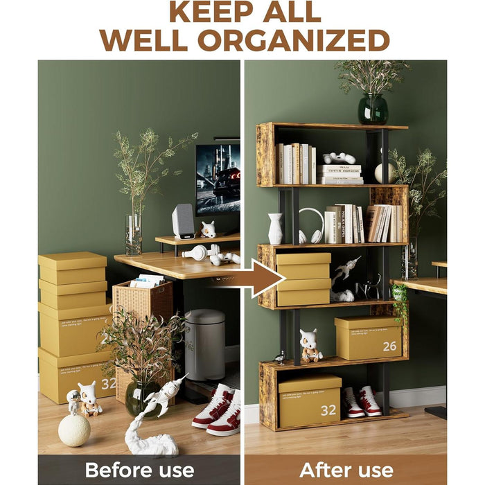 5-Tier Geometric Bookcase,S Shaped Bookshelf, Wood Decorative Storage Shelving, Modern Freestanding Display Shelves, Tall Book Shelf Unit for Living Room Bedroom, Rustic Brown