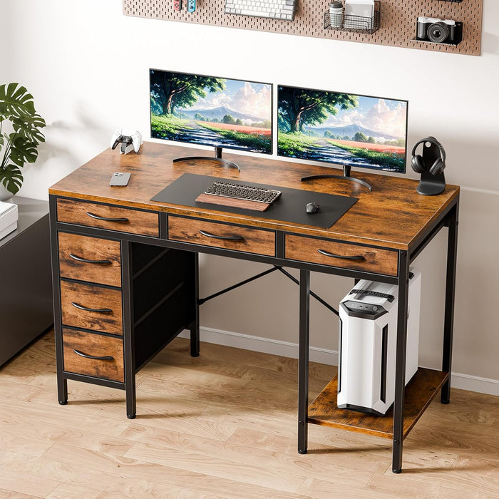 47" Computer Desk with 6 Drawers, Home Office Gaming Desks with Storage Shelves for Bedroom, Writing Study Corner Living Room Work Table Brown