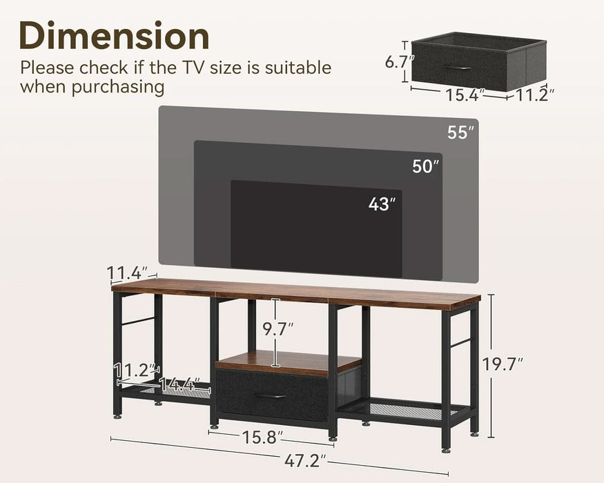 47" TV Stand with Open Storage Shelves up to 55 Inch Tvs, Entertainment Center with Fabric Drawers, TV Console Table with Soundbar Shelf TV Stand for Living Room Bedroom, Vintage and Black
