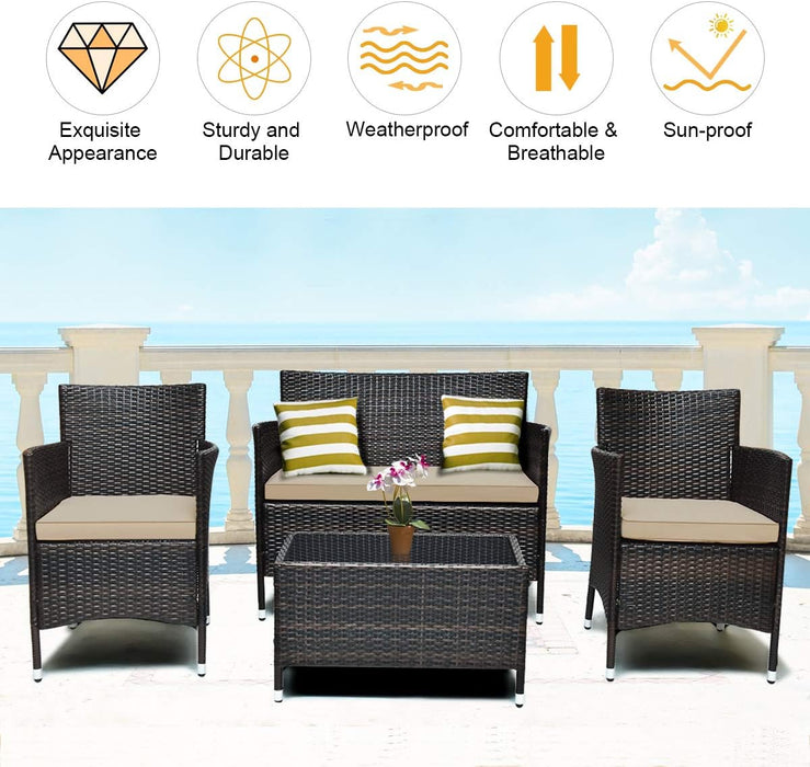 4-PCS Patio Rattan Conversation Set, Outdoor Wicker Furniture Set with Tempered Glass Coffee Table &Thick Cushion, Rattan Chair Wicker Set for Garden, Lawn, Poolside and Backyard (1, Brown)