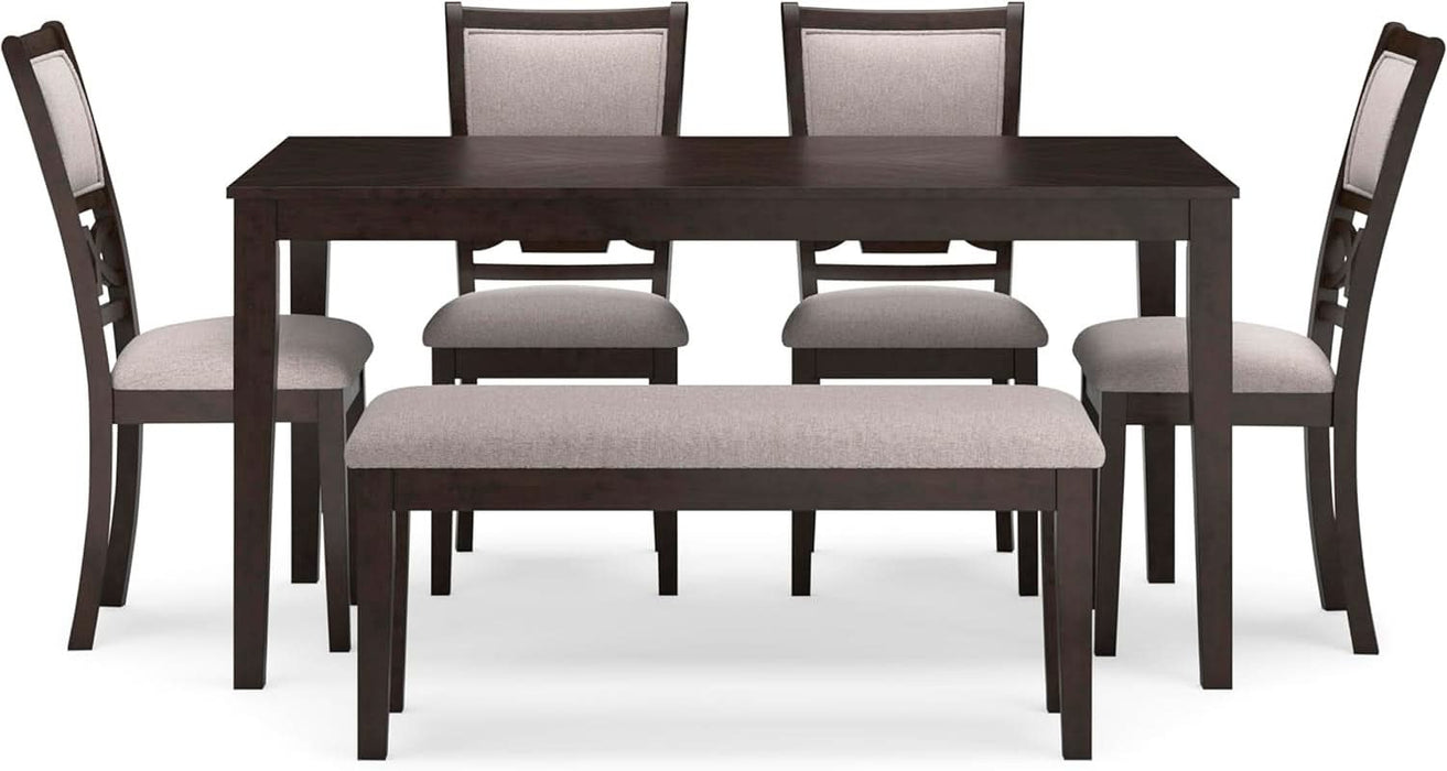 Langwest Dining Room Table Set, 4 Upholstered Chairs and Bench, Seats 6, Cushioned Seats, Wood, Cherry Brown
