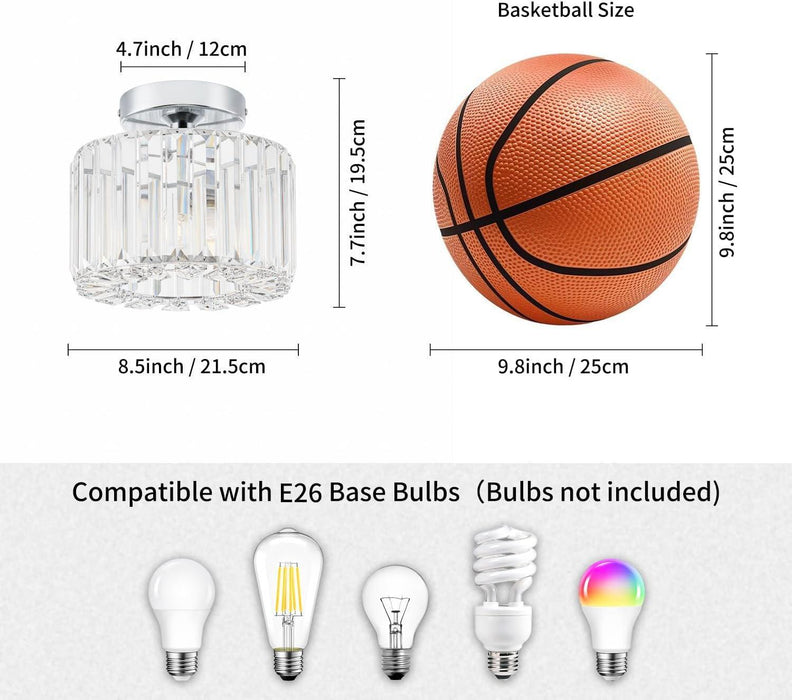 Crystal Semi Flush Mount Ceiling Light Fixture, Modern Small Silver Chandelier for Hallway Foyer Entryway Walk-In Closet Bedroom, Fit E26 Base Bulbs, 1-Light, 8.5Inch