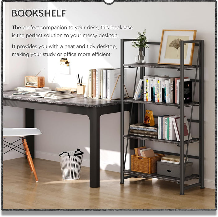 No Assembly Folding Bookshelf Storage Shelves 4 Tier Vintage Bookcase Standing Racks for Bedroom Living Room Home Office