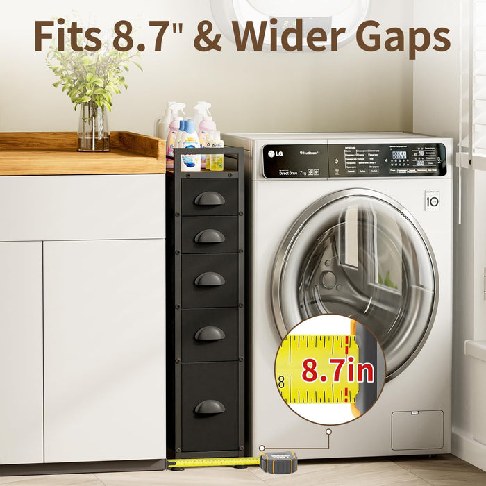 Black SlimStorage Narrow Five Drawer Dresser Wheeled