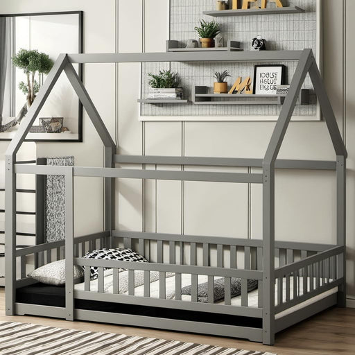 Full Size Floor Bed, Wood Montessori House Bed Frame with Fence, House Floor Bed for Kids, Boys and Girls, Decoratable Playhouse for Kids, Grey