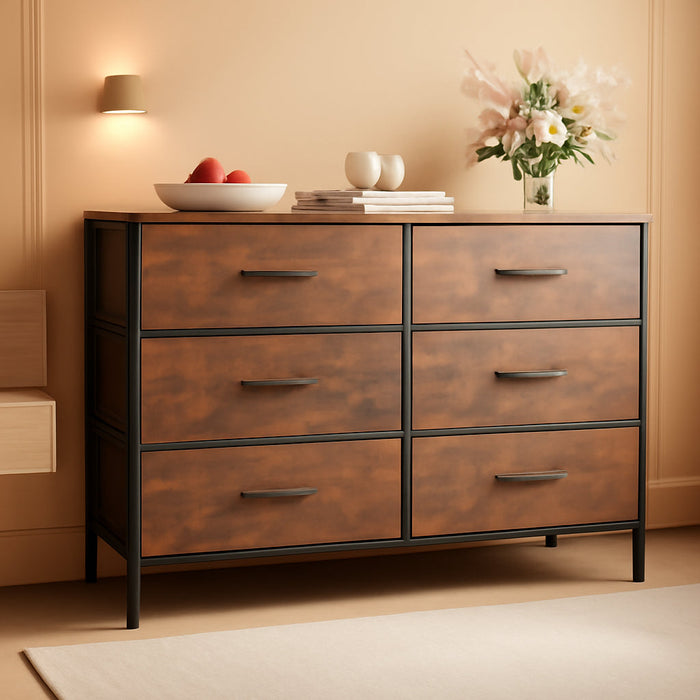 Dresser for Bedroom with 6 Drawers, Wide Fabric Dresser TV Stand for 50 Inches TV, with Metal Frame, Wooden Top, Fabric Storage Dresser for Bedroom, Hallway, Entryway, Rustic Brown