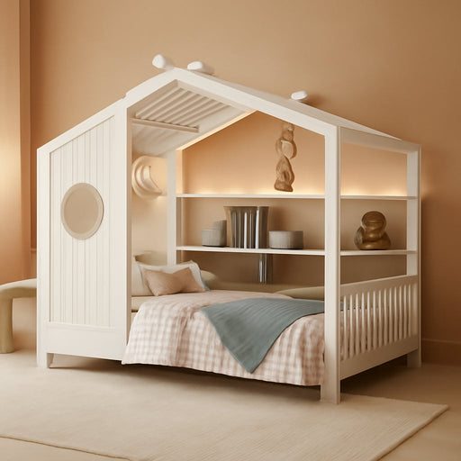 White Full Size Floor Bed Playhouse StorageShelves