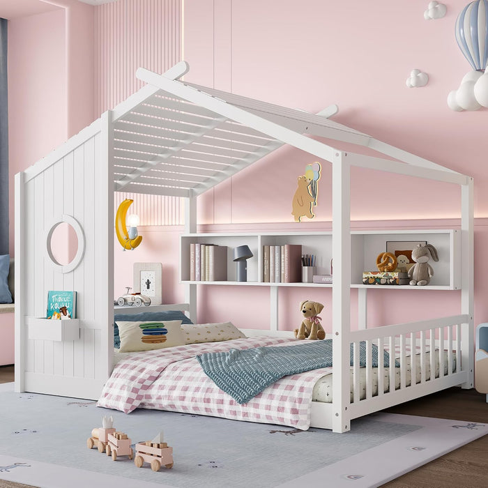 White Full Size Floor Bed Playhouse StorageShelves