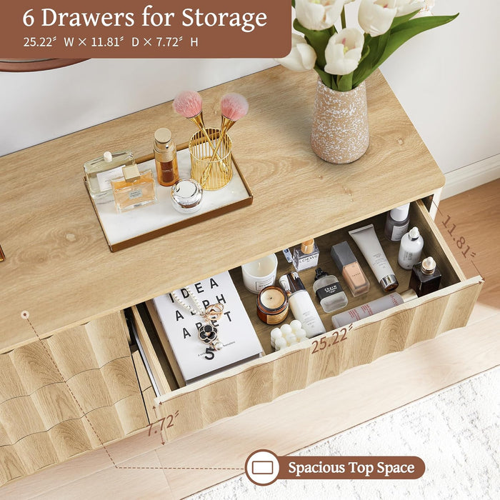 Fluted 6 Drawer Dresser, 53" Wide Modern Storage Chest of Drawers, Wood Drawer Organizer for Bedroom, Living Room, Hallway