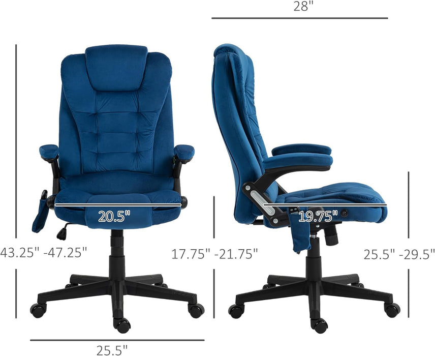 6 Point Vibrating Massage Office Chair with Heat, Velvet High Back Executive Office Chair with Reclining Backrest, Padded Armrests and Remote, Drak Blue