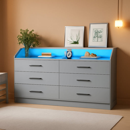 6 Drawer Dresser with Power Outlet, Chest of Drawer with LED Light, Modern Dresser with Open Storage Cubby, Double Wide Dressers Organizer for Bedroom, Living Room, Entryway, Hallway (Grey, 6 Drawers)